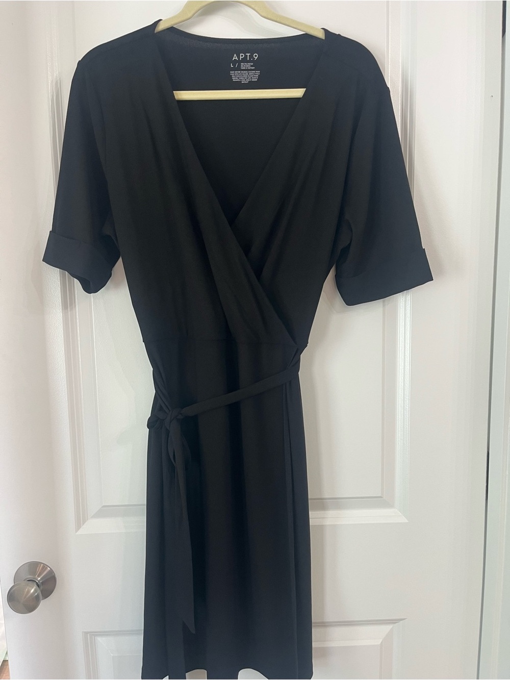 Apt. 9 Womens Dress Black Wrap Dress with Tie V Neck Short Sleeves Size Large - Picture 1 of 6